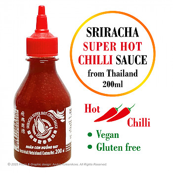 Sriracha Super Hot Chilli sauce, Srirača Super asā Čili mērce, 200ml Mērce