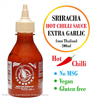 Sriracha (not MSG) HOT Chilli sauce with Extra Garlic, Sriracha asā čili mērce ar Ekstra Ķiplokiem (nesatur MSG), 200ml Mērce